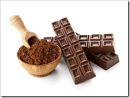 chocolate bars with cocoa powder isolated on white