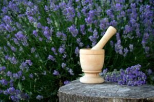 lavender with mortar and pestle on tree stump in front of lavender field